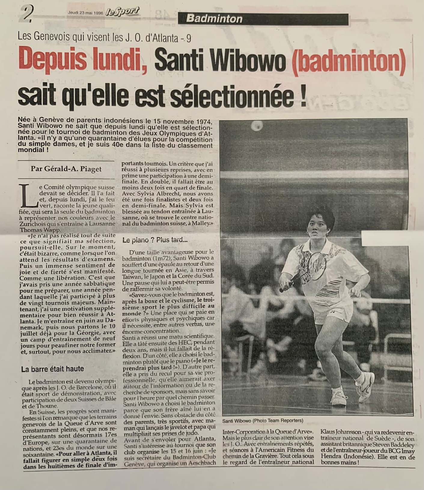 Badminton Club Genève Santi Wibowo selectionnée